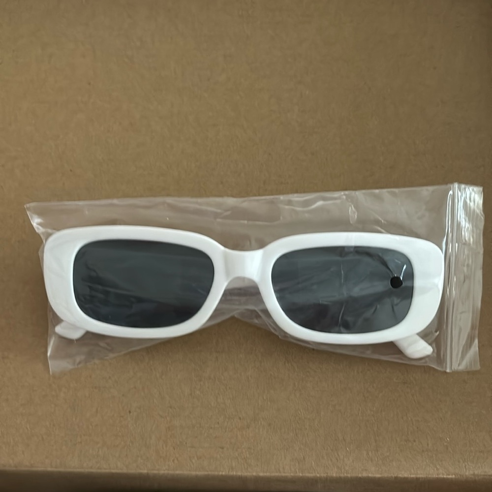 White rectangular sunglasses with black lenses
